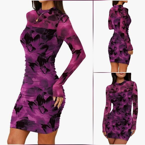 🔸️NWT Fuchsia Floral Bodycon Long Sleeve Dress Small - Picture 3 of 11